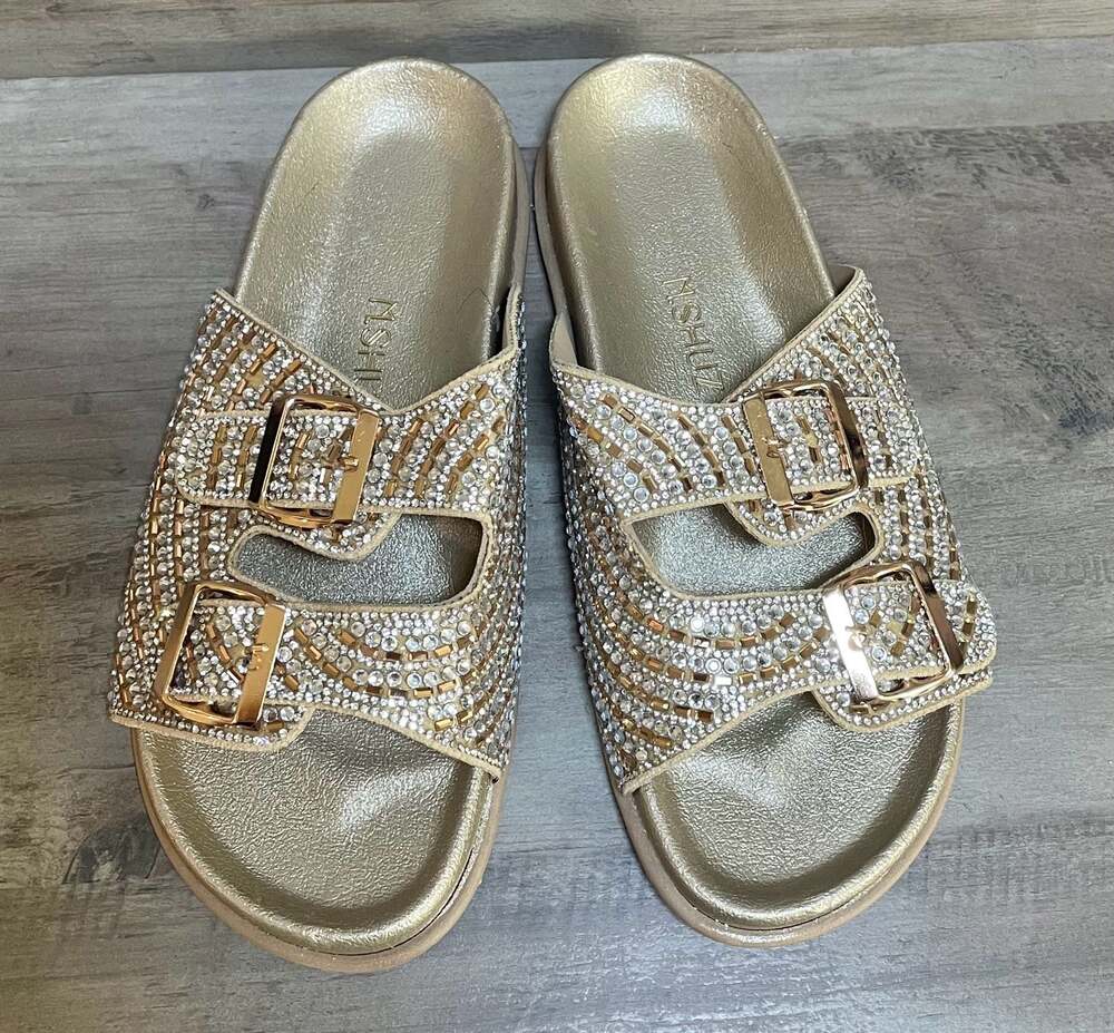 MSHUZ Rhinestone Buckle Double Strap Slide Sandals Gold